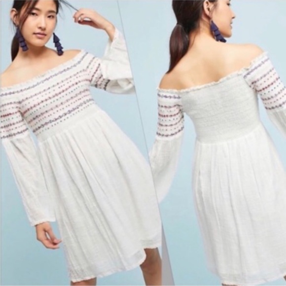 FARM Rio Smocked Off-Shoulder White Dress with Pastel Stripes - Picture 1 of 8